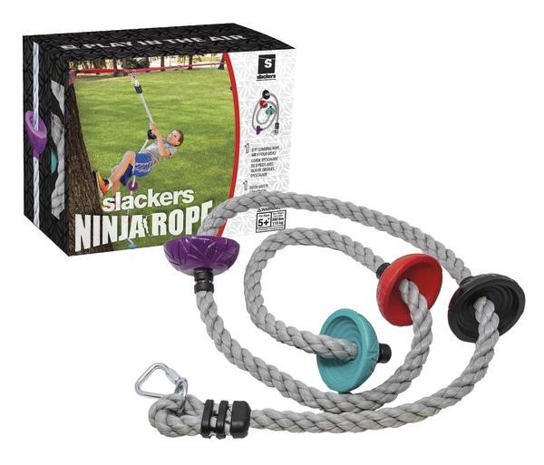 Slackers Ninja Rope Kletterseil mit bunten Griffen und Karabiner für Kinder ab 5 Jahren.
