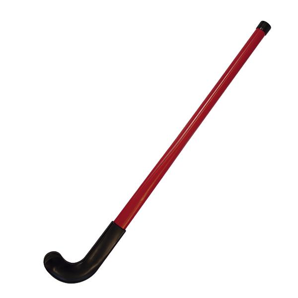 Roter Hockeyschläger mit schwarzem Griff und gebogenem Schlägerkopf auf weißem Hintergrund.