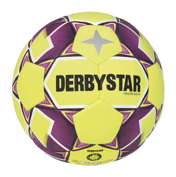 Gelb-lila Derbystar Indoor Beta Handball mit Stern-Design, Nahaufnahme auf weißem Hintergrund.