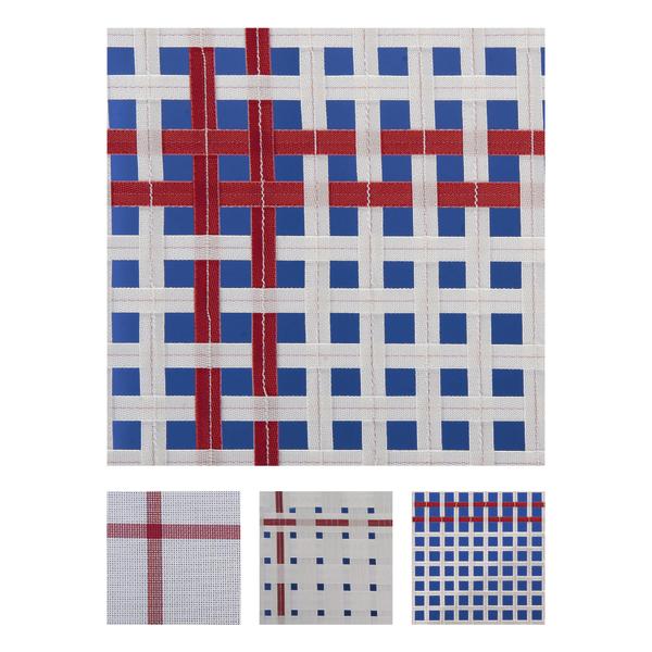 Nahaufnahme eines weißen und roten gewebten Textilmusters mit blauem Hintergrund. Weitere Textilmuster in verschiedenen Farben.