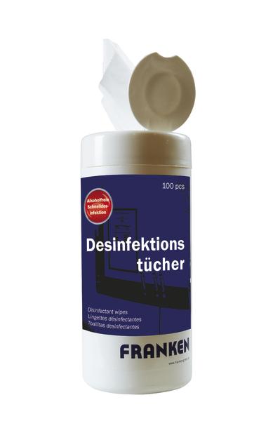 Desinfektionstücher in Spenderdose, 100 Stück, alkoholfrei für schnelle Infektionskontrolle.