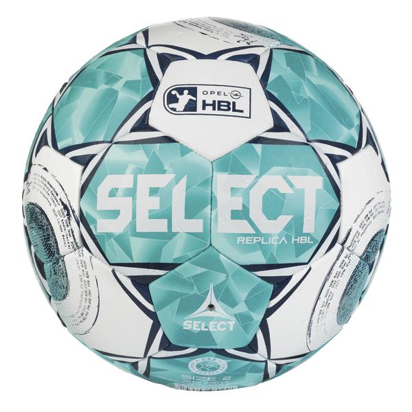 Rückansicht des Handballs mit türkis-weißem Design. Auf der Rückseite sind das Opel HBL-Logo, die Aufschrift „SELECT REPLICA HBL“, das SELECT-Logo sowie die Größenangabe „Size 2“ sichtbar.