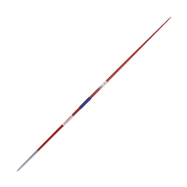 Roter Speer mit Metallspitze und blauem Griff für Speerwurf im Sport.