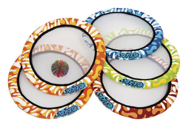Bunte Wurfringe mit Netz und kleinem Ball, Spielzeug für draußen und Strand.