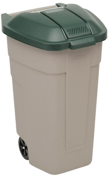 Graue Mülltonne mit grünem Deckel und zwei Rädern für einfache Entsorgung.