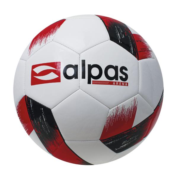 Fußball mit rotem, schwarzem Muster und alpas Arena Logo auf weißem Hintergrund.