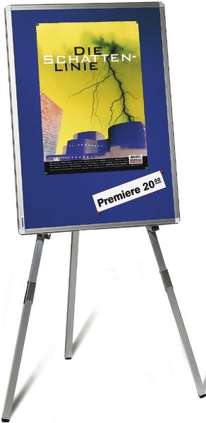 Plakat auf Dreibeinstativ für Schreibtafeln.