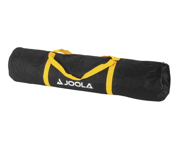 Schwarze Joola Tragetasche mit gelben Griffen für Sportausrüstung, länglich und robust.