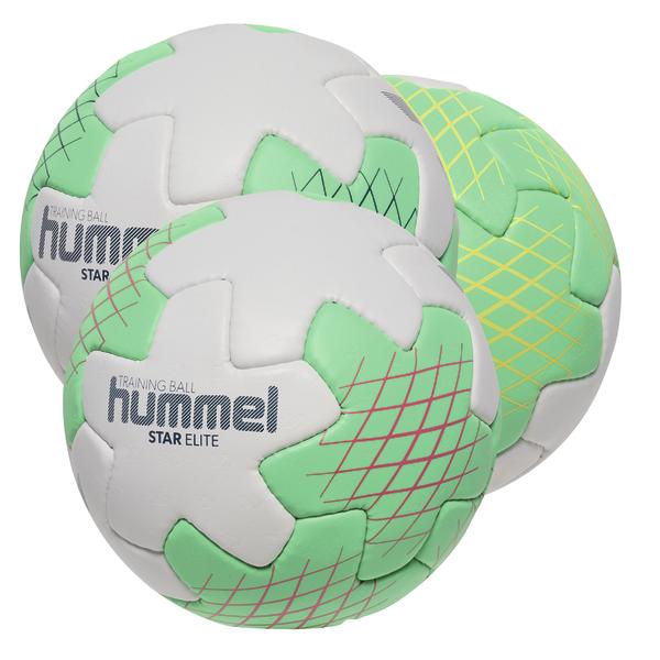 Drei weiß-grüne Hummel Handbälle mit gelbem, blauem und roten Streifenmuster, ideal für Handballspiele und Training.