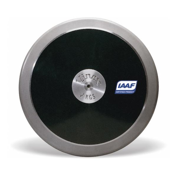 Schwarze Diskusscheibe mit silbernem Rand und IAAF-Zertifikat, 2 Kilogramm Gewicht.