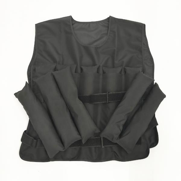 Schwarze Gewichtsweste mit zwei Verschlussbändern vorne zehn Gewichten.