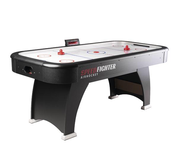 Airhockey-Tisch Speed Fighter mit digitaler Anzeige und zwei Schlägern.