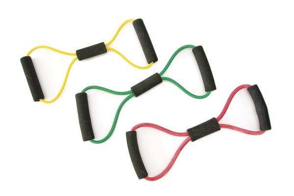 Widerstandsband-Set mit Griffen in Gelb, Grün und Rot für Fitness und Krafttraining.