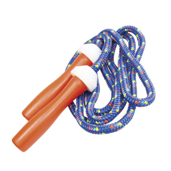 Springseil mit buntem Seil und orangen Griffen, ideal für Fitness und Kinder.