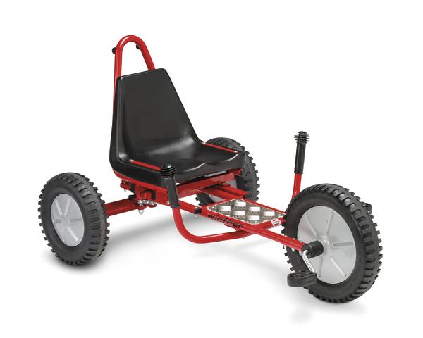 Rotes Dreirad mit großem schwarzen Sitz und robusten Reifen für Kinder.