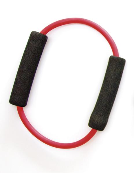 Rotes Fitness-Expanderband mit schwarzen Schaumstoffgriffen für Krafttraining und Rehabilitation.