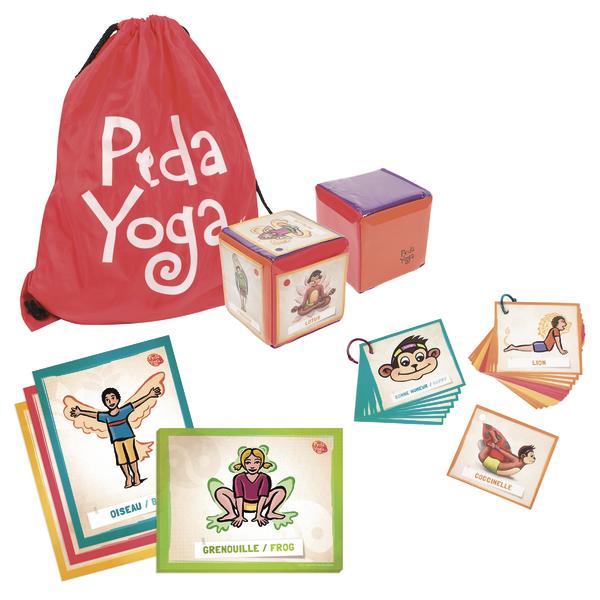 Pida Yoga Set mit Übungskarten, Würfeln und rotem Aufbewahrungsbeutel für Kinder.