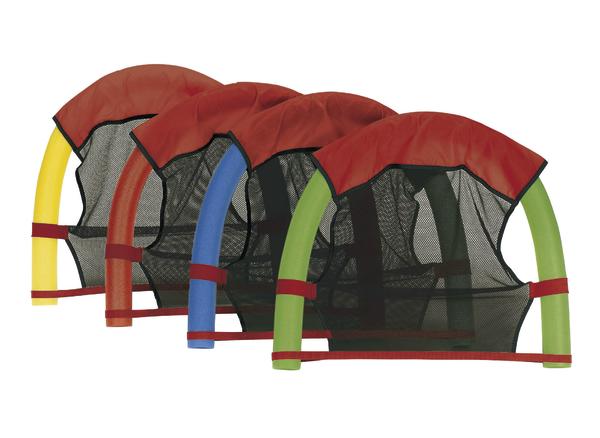 Vier bunte Schwimmhilfen mit Netz und rotem Rand in Gelb, Orange, Blau und Grün.