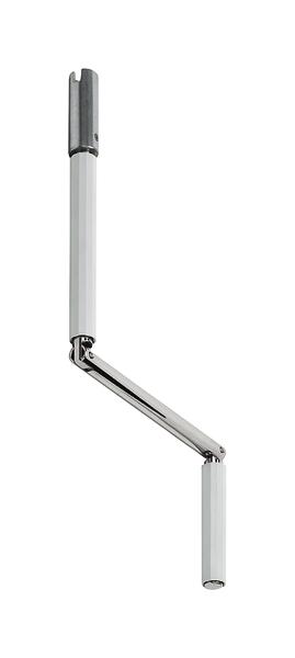 Verchromte Kurbel mit weißem Griff für Fenster oder Markisen, isoliert auf weißem Hintergrund.