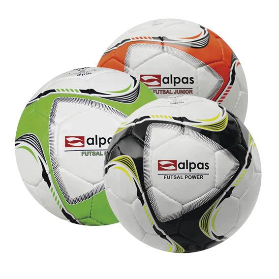 Drei Alpas Futsal-Bälle in den Farben Orange, Grün und Schwarz, ideal für Hallenfußball.