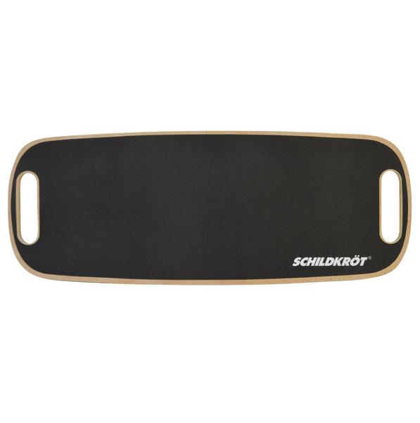 Schwarzes Balance Board mit Griffen und Schildkröt-Logo für Gleichgewichtstraining.