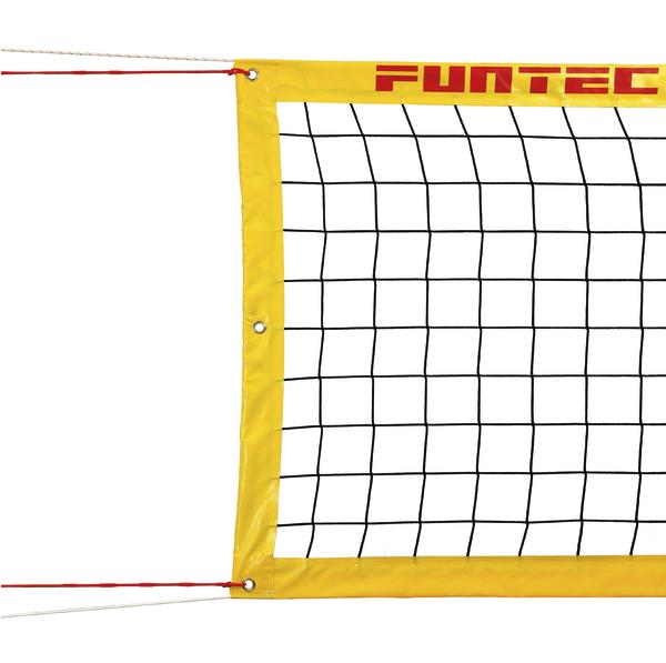 Volleyballnetz mit gelbem Rand und rotem Funtec-Logo, gespannt mit weißen Seilen.