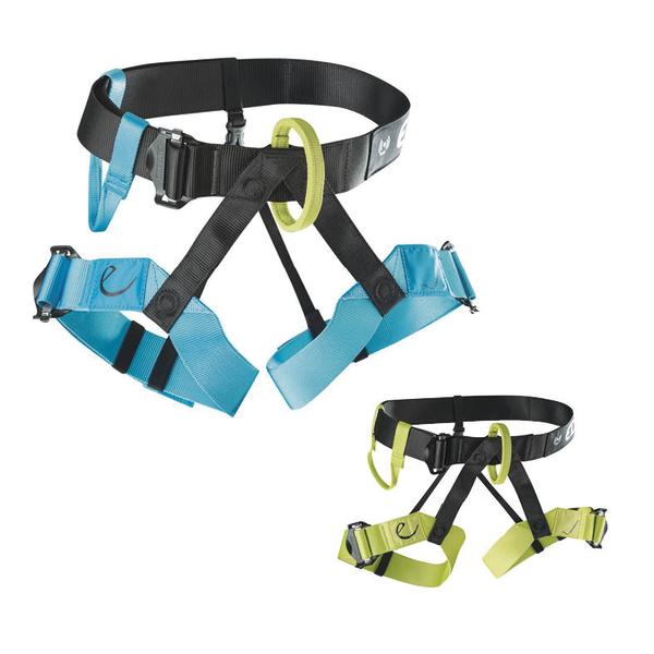 Klettergurt in Blau und Grün mit verstellbaren Beinschlaufen und Sicherungsring.