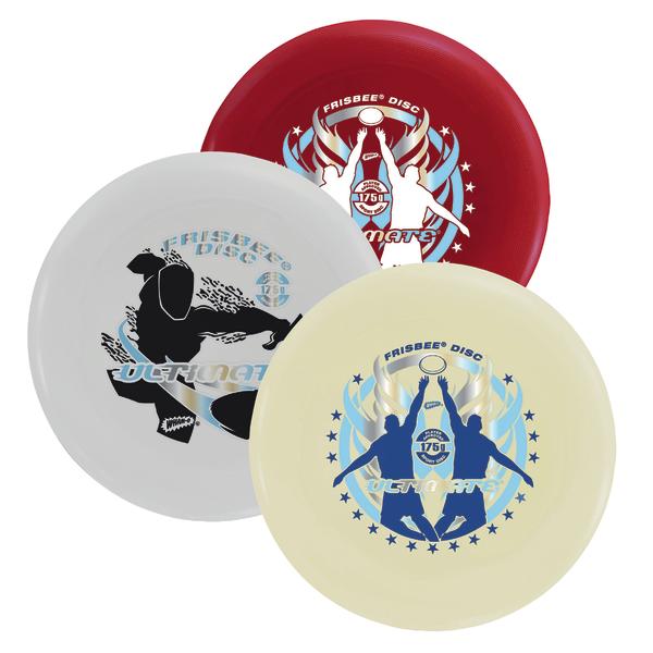 Drei bunte Frisbee-Scheiben mit dynamischen Sport-Designs in Rot, Weiß und Creme.