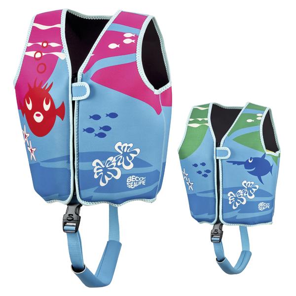 Kinder-Schwimmwesten in Blau mit bunten Meeresmotiven und Sicherheitsgurt.