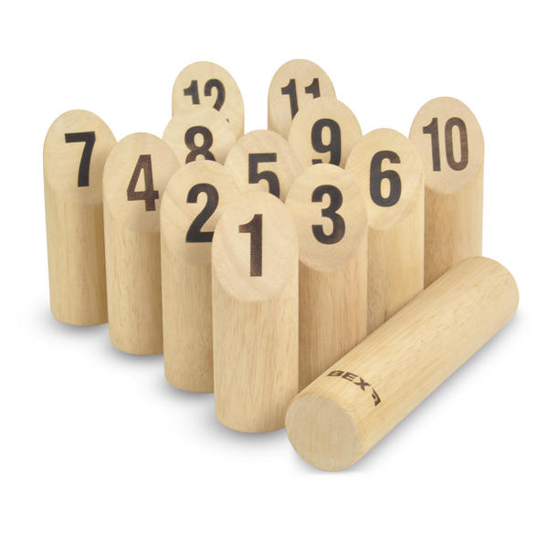 Holzspiel mit nummerierten Kegeln (Kubb-/Wikingerspiel-Set).
