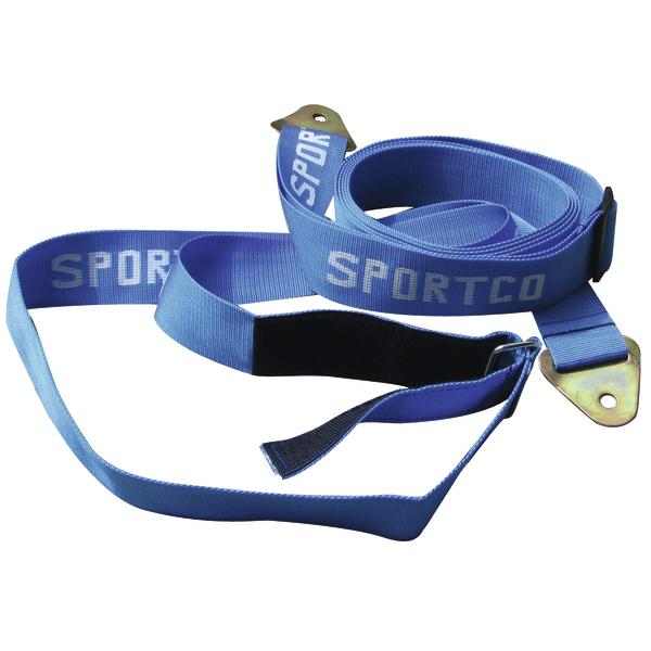 Blaue Sportco Weichboden-Wandhalterung mit Metallhaken.