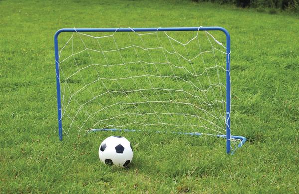 Kleines blaues Fußballtor mit Netz auf grünem Rasen und schwarzem-weißem Fußball davor.