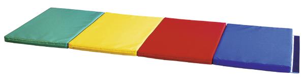 Faltbare Gymnastikmatte in Grün, Gelb, Rot und Blau, ideal für Sport und Fitness.