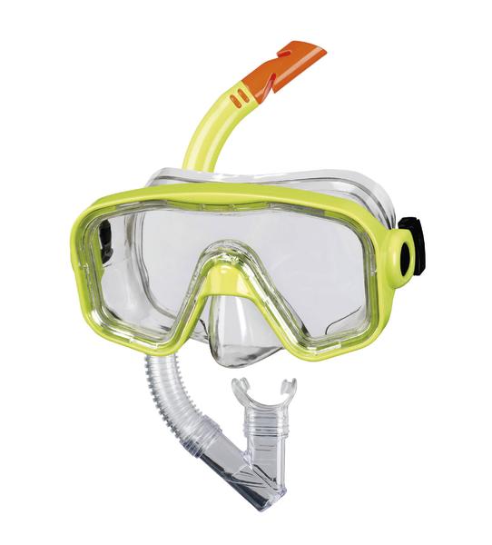 Taucherbrille mit Schnorchel in Gelb und Orange für Unterwasseraktivitäten.