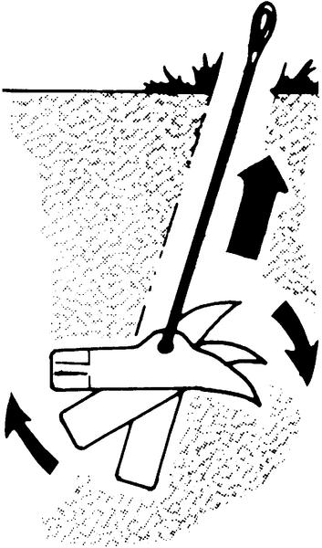 Illustration eines Ankers, der sich im Meeresboden eingräbt und sich durch Zugkraft verankert.