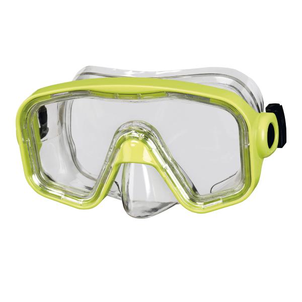 Taucherbrille mit klarem Glas und gelb-grünem Rahmen für Unterwasseraktivitäten.