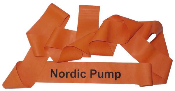 Oranger Elastikband mit Aufdruck "Nordic Pump" für Fitness und Training.