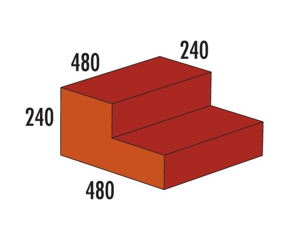 Zweistufige Treppe mit den Maßen 480x480x240 mm in Rot- und Orangetönen.