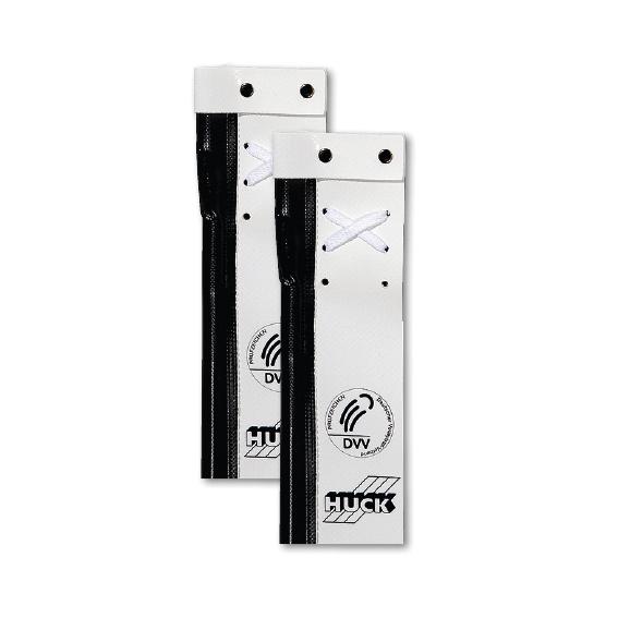 Weiße Huck Turnhallenringe mit schwarzem Streifen und DVV-Logo, Paaransicht.