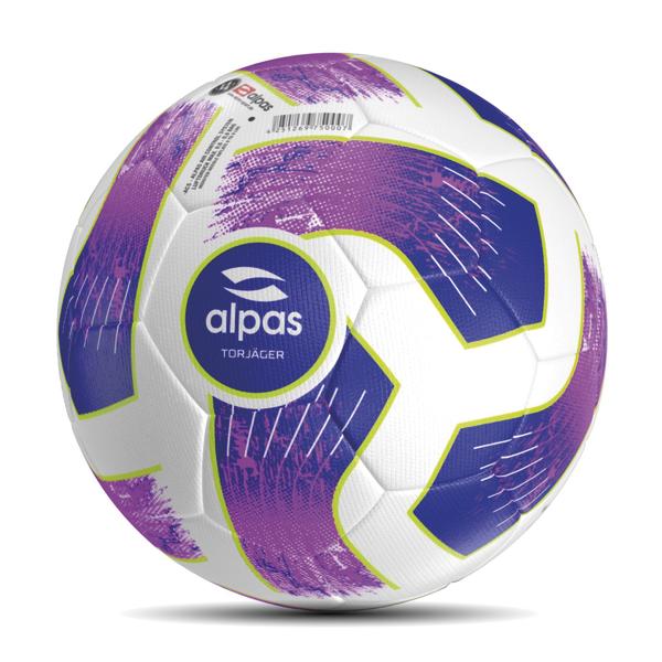 Weißer alpas Torjäger Fußball mit blau-violettem Grafikdesign und neongrünen Akzenten in Frontalansicht auf hellem Hintergrund.