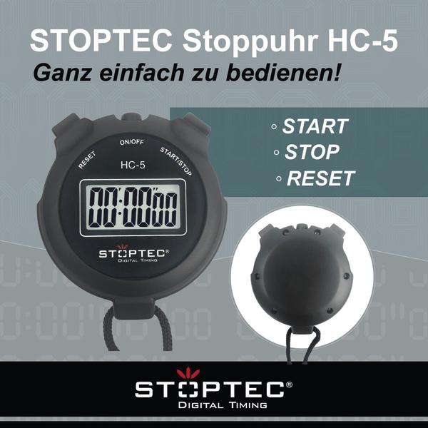 Stoptec Stoppuhr HC-5 mit Vorder- und Rückansicht sowie Beschriftung der Funktionen Start, Stop und Reset.
