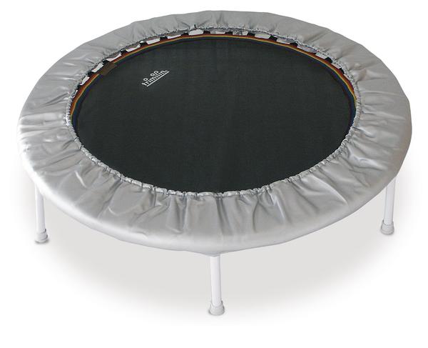 Kleines rundes Fitness-Trampolin mit silberner Umrandung und weißen Beinen.
