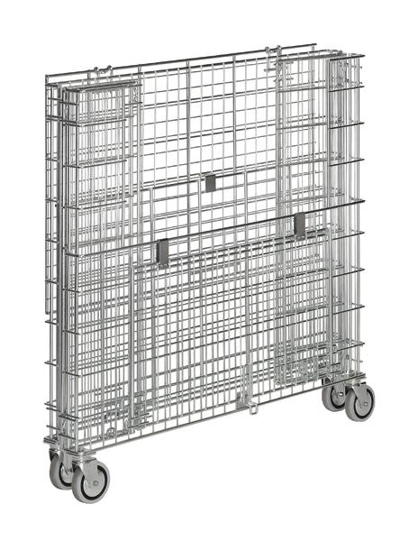 Faltbarer Drahtgitterwagen mit vier Rollen für einfachen Transport und Lagerung.