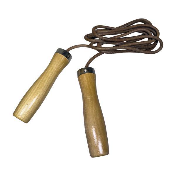Springseil mit Holzgriffen und braunem Lederseil für Fitness und Training