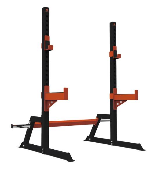 Robuster Squat Rack aus Stahl in Schwarz und Rot für Krafttraining und Gewichtheben.