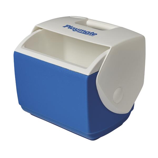 Kompakte blaue Playmate Kühlbox mit weißem Deckel und Tragegriff, ideal für unterwegs.