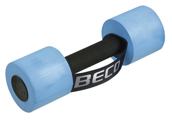 Blaues Aqua-Fitness-Hantelgewicht mit schwarzem Griff und BECO-Logo für Wassergymnastik.