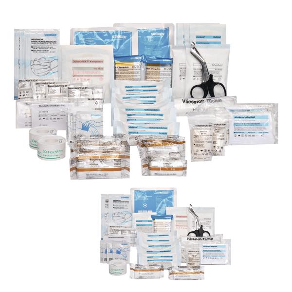 Erste-Hilfe-Set mit Verbandsmaterial, Schere, Pflastern und Desinfektionstüchern, komplett.