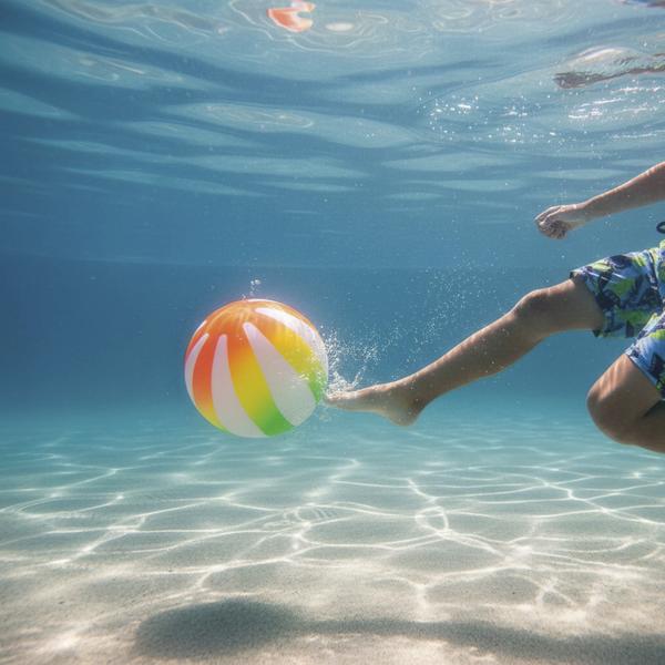 Unterwasseraufnahme einer Person, die einen bunten Strandball im Wasser mit dem Fuß spielt.