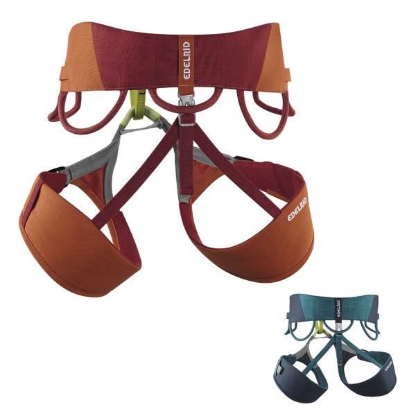 Klettergurte in Blau und Grün und Rot, gepolstert, mit verstellbaren Beinschlaufen und Sicherungsschlaufen.